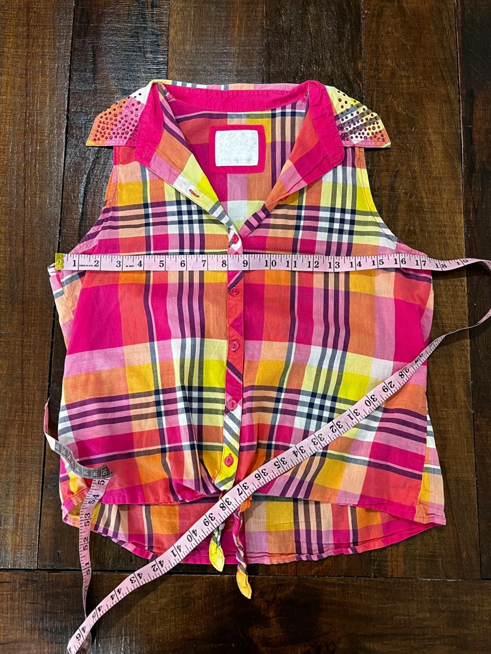 Bright Justice Plaid Tie-Front Sleeveless Blouse  100% Cotton